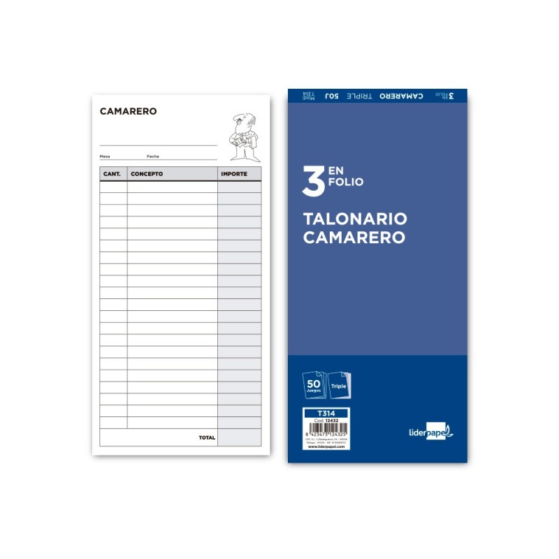 TALONARIO LIDERPAPEL CAMARERO 3/F  ORIGINAL Y 2 COPIAS T314