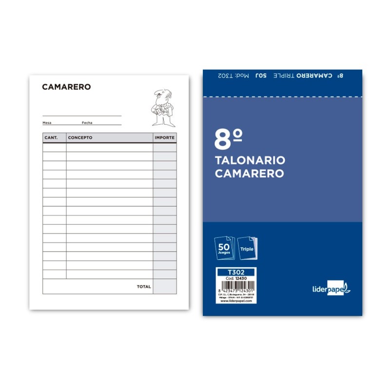 TALONARIO LIDERPAPEL CAMARERO 8  ORIGINAL Y 2 COPIAS T302