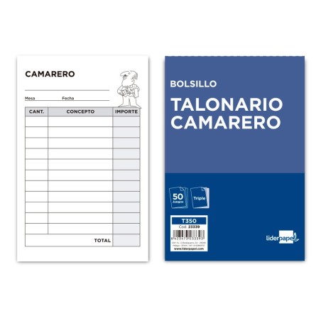 TALONARIO LIDERPAPEL CAMARERO BOLSILLO ORIGINAL Y 2 COPIAS T350