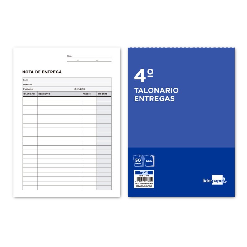 TALONARIO LIDERPAPEL ENTREGAS CUARTO ORIGINAL Y 2 COPIAS T326