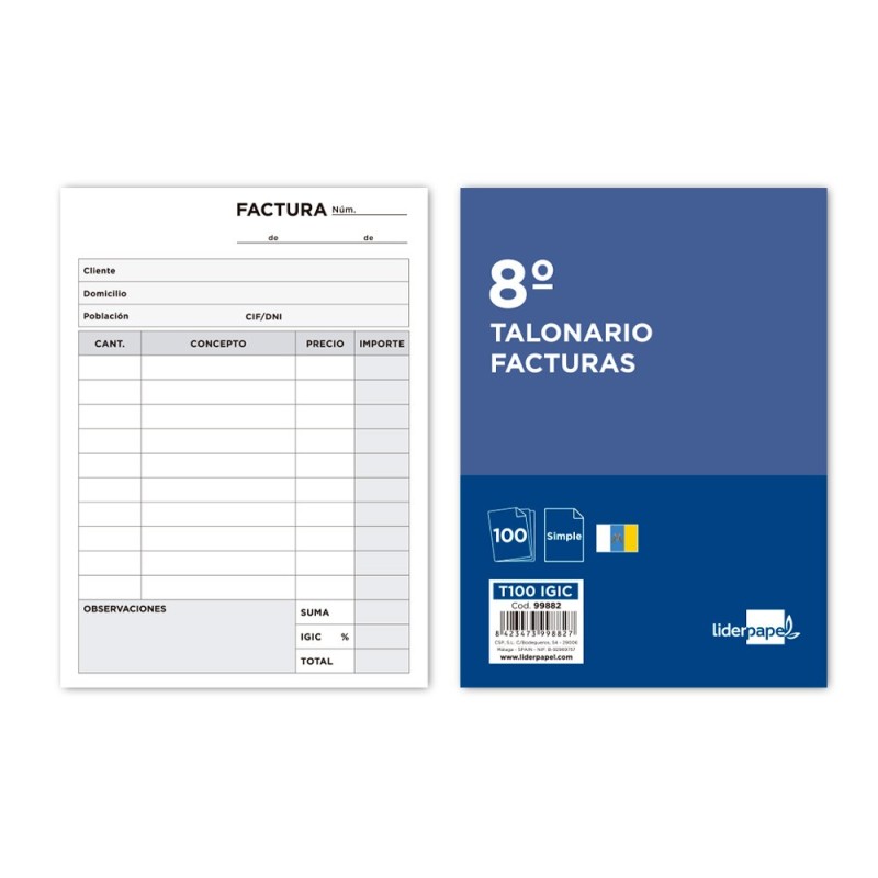 TALONARIO LIDERPAPEL FACTURAS 8  ORIGINAL T100 CON I.G.I.C.