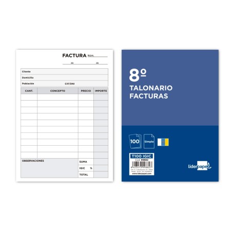 TALONARIO LIDERPAPEL FACTURAS 8  ORIGINAL T100 CON I.G.I.C.
