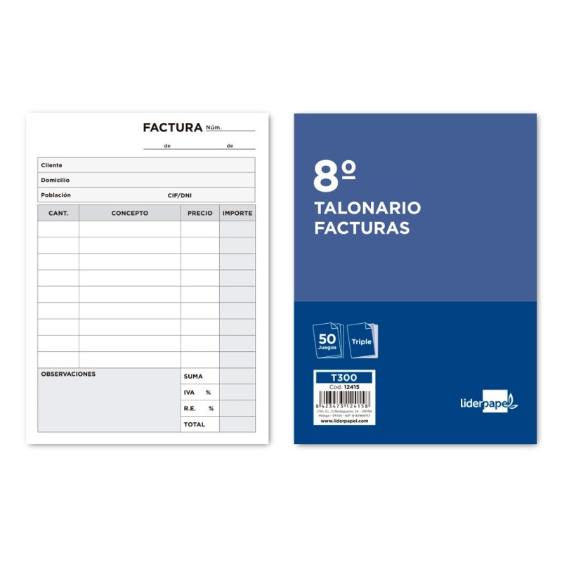 TALONARIO LIDERPAPEL FACTURAS 8  ORIGINAL Y 2 COPIAS T300 CON I.V.A.
