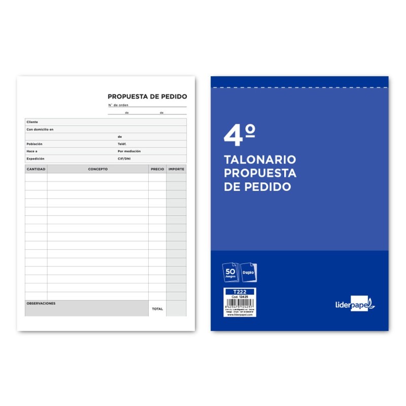 TALONARIO LIDERPAPEL PEDIDOS CUARTO ORIGINAL Y COPIA T222