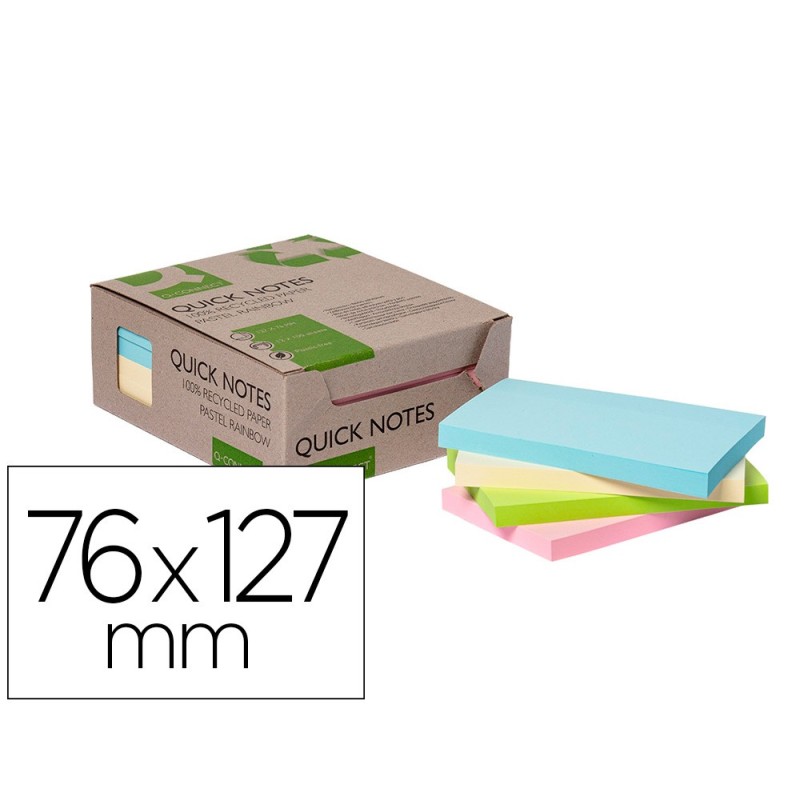 BLOC DE NOTAS ADHESIVAS QUITA Y PON Q-CONNECT 76X127 MM 100% PAPEL RECICLADO COLORES PASTELES EN CAJA DE CARTON