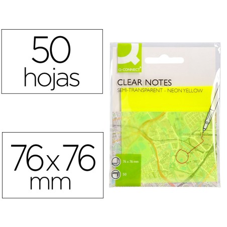 BLOC DE NOTAS ADHESIVAS QUITA Y PON Q-CONNECT 76X76 MM REMOVIBLE PLASTICO TRANSLUCIDO AMARILLO NEON CON 50 HOJAS