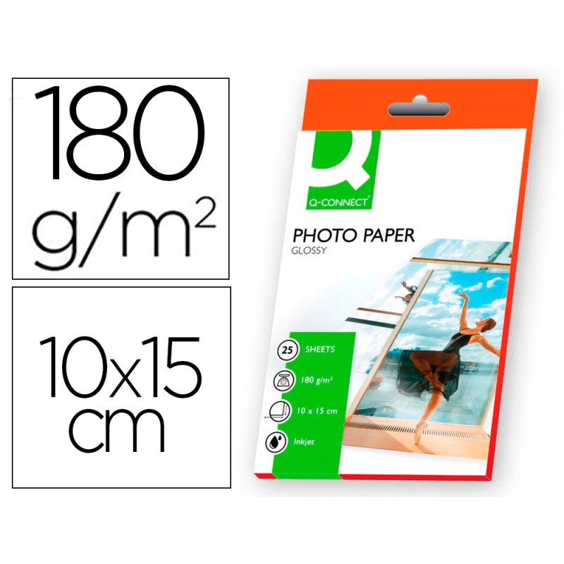 PAPEL Q-CONNECT FOTO GLOSSY -KF01905 -10X15 -DIGITAL PHOTO -PARA INK-JET -BOLSA DE 25 HOJAS DE 180 GR