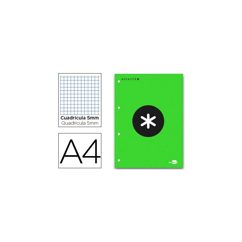 BLOC ENCOLADO LIDERPAPEL ANTARTIK CUADRO 5 MM A4 NATURAL 80 H 100 GR COLOR VERDE