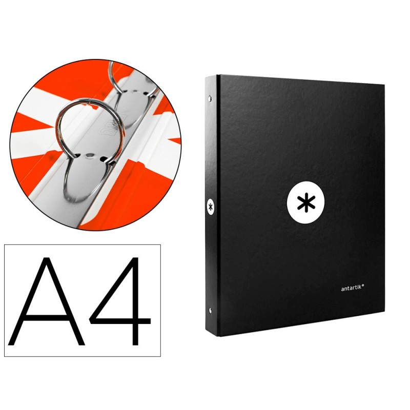 CARPETA LIDERPAPEL ANTARTIK A4 FORRADA 4 ANILLAS 25 MM REDONDAS COLOR NEGRO