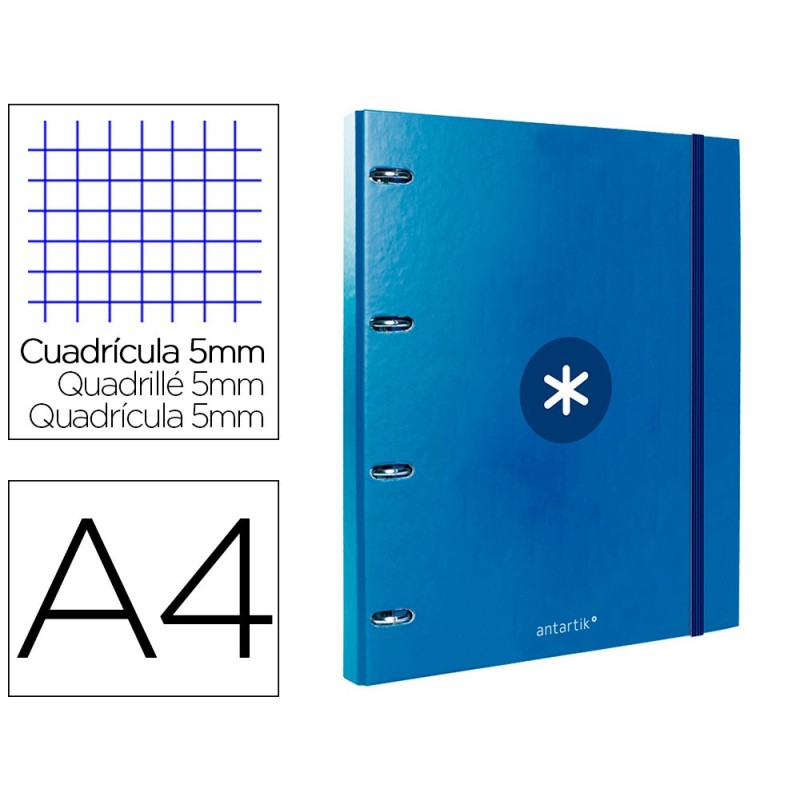 CARPETA CON RECAMBIO LIDERPAPEL ANTARTIK A4 CUADRO 5MM FORRADA 4 ANILLAS REDONDAS 25MM COLOR AZUL