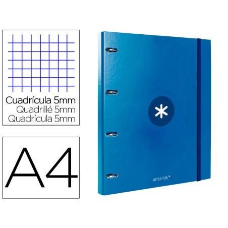 CARPETA CON RECAMBIO LIDERPAPEL ANTARTIK A4 CUADRO 5MM FORRADA 4 ANILLAS REDONDAS 25MM COLOR AZUL