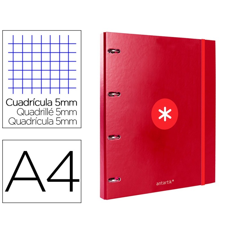 CARPETA CON RECAMBIO LIDERPAPEL ANTARTIK A4 CUADRO 5MM FORRADA 4 ANILLAS REDONDAS 25MM COLOR FRAMBUESA