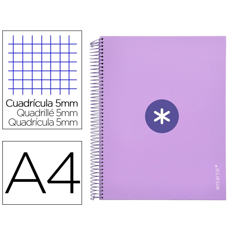 CUADERNO ESPIRAL LIDERPAPEL A4 MICRO ANTARTIK TAPA FORRADA120H 100 GR CUADRO 5MM 5 BANDA4 TALADROS COLOR LAVANDA