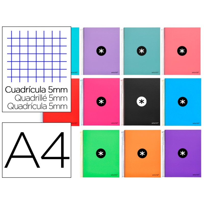 CUADERNO ESPIRAL LIDERPAPEL A4 MICRO ANTARTIK TAPA FORRADA 120H100GR CUADRO5MM 5BANDAS 4TALADRO SURTIDO(PACK INDIVISIBLE 12 UDS)