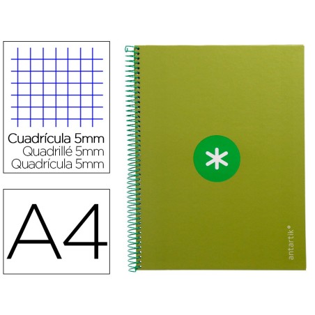 CUADERNO ESPIRAL LIDERPAPEL A4 MICRO ANTARTIK TAPA FORRADA 80H 90 GR CUADRO 5MM 1 BANDA 4 TALADROS VERDE