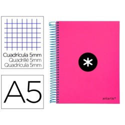 CUADERNO ESPIRAL LIDERPAPEL A5 MICRO ANTARTIK TAPA FORRADA 120H 100 GR CUADRO5MM 5 BANDAS 6 TALADROS COLOR ROSA