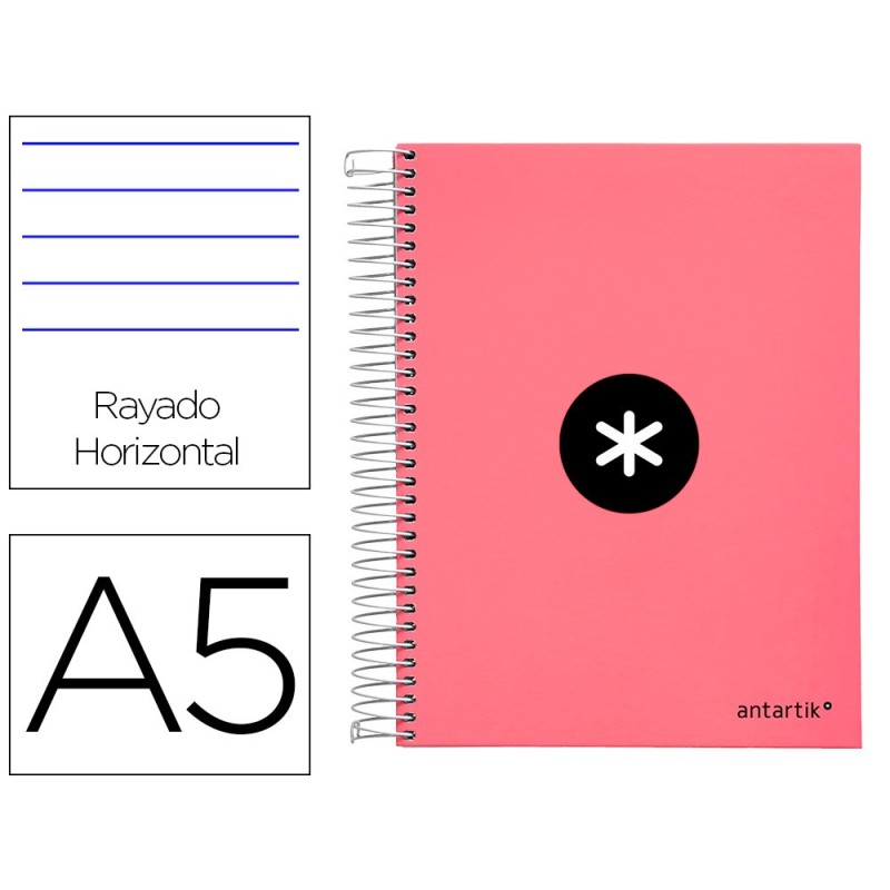 CUADERNO ESPIRAL LIDERPAPEL A5 MICRO ANTARTIK TAPA FORRADA120H 100 GR HORIZONTAL 5 BANDA6 TALADROS COLOR CORAL