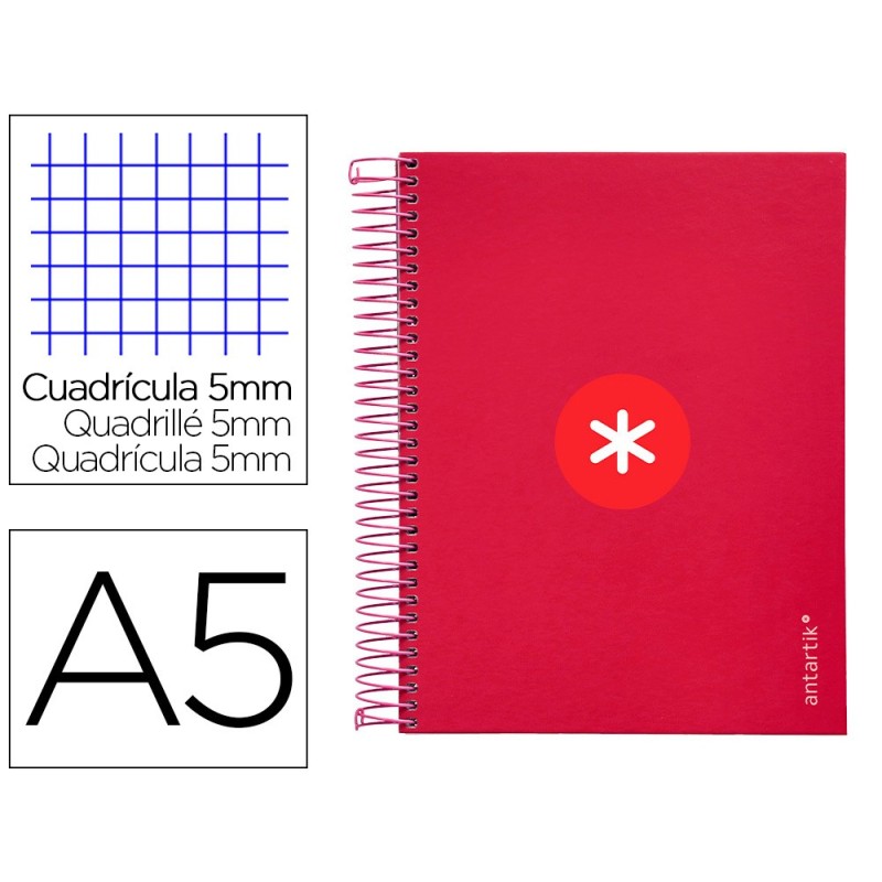 CUADERNO ESPIRAL LIDERPAPEL A5 MICRO ANTARTIK TAPA FORRADA120H 100 GR CUADRO 5MM 5 BANDA6 TALADROS COLOR FRAMBUESA