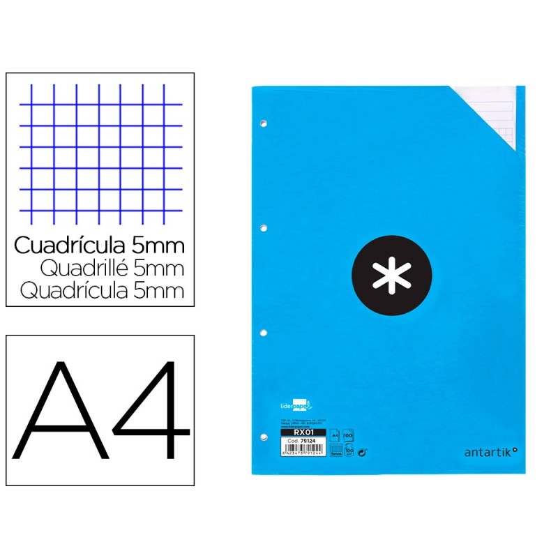 RECAMBIO LIDERPAPEL A4 100 HOJAS 100G/M2 CUADRO 5 MM 4 TALADROS BANDAS DE 5 COLORES ANTARTIK