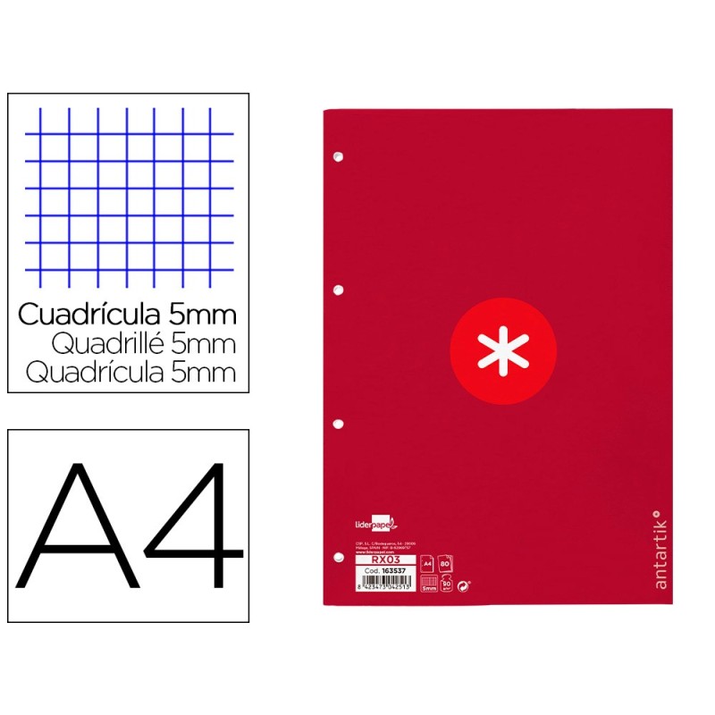 RECAMBIO LIDERPAPEL A4 ANTARTIK 80 HOJAS 90G/M2 CUADRO 5 MM 4 TALADROS 1 BANDA MARCO COLOR FRAMBUESA
