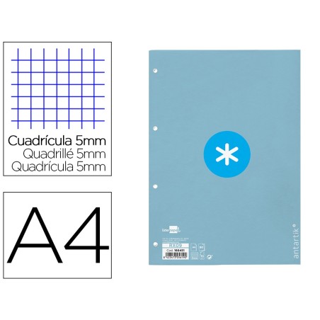 RECAMBIO LIDERPAPEL A4 ANTARTIK 80 HOJAS 90G/M2 CUADRO 5MM 4 TALADROS 1 BANDA CON MARCO COLOR CELESTE