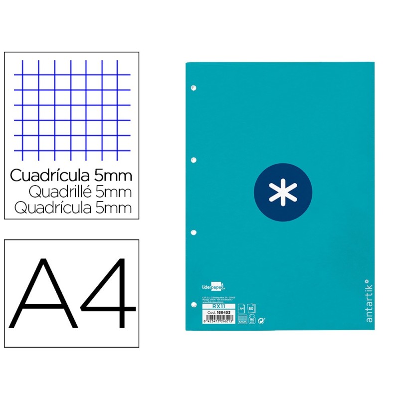 RECAMBIO LIDERPAPEL A4 ANTARTIK 80 HOJAS 90G/M2 CUADRO 5MM 4 TALADROS 1 BANDA CON MARCO COLOR TURQUESA