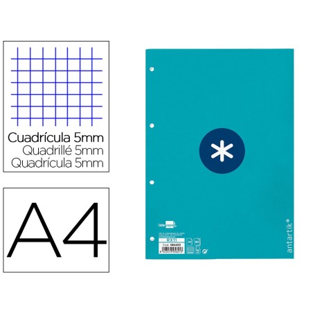 RECAMBIO LIDERPAPEL A4 ANTARTIK 80 HOJAS 90G/M2 CUADRO 5MM 4 TALADROS 1 BANDA CON MARCO COLOR TURQUESA