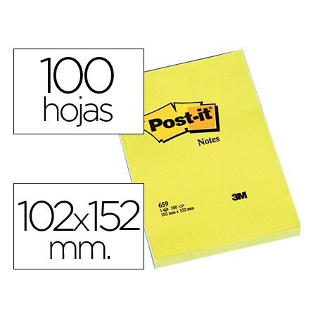 BLOC DE NOTAS ADHESIVAS QUITA Y PON POST-IT 102X152 MM CON 100 HOJAS 659 (PACK INDIVISIBLE DE 6 UNIDADES)