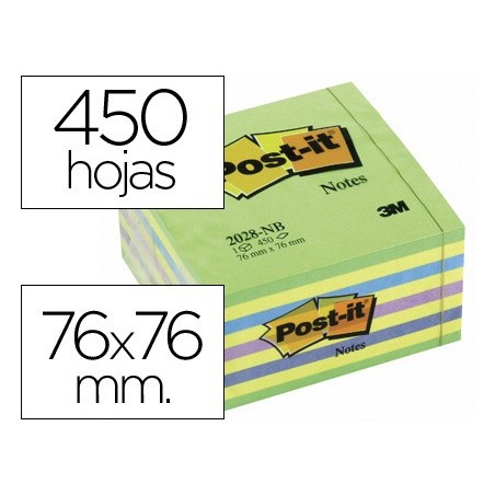 BLOC DE NOTAS ADHESIVAS QUITA Y PON POST-IT 76X76 MM CUBO COLOR AZUL Y VERDE 450 HOJAS
