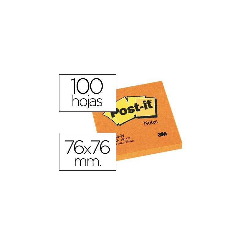 BLOC DE NOTAS ADHESIVAS QUITA Y PON POST-IT 76X76 MM NARANJANEON CON 100 HOJAS