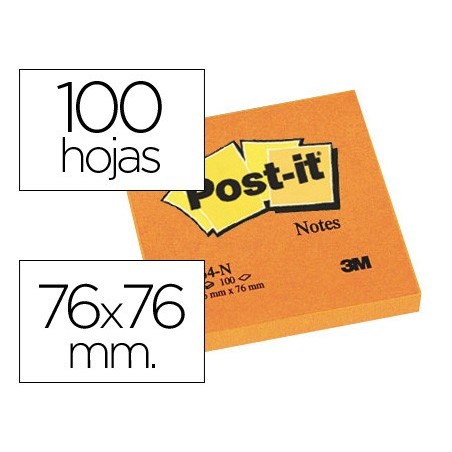 BLOC DE NOTAS ADHESIVAS QUITA Y PON POST-IT 76X76 MM NARANJANEON CON 100 HOJAS