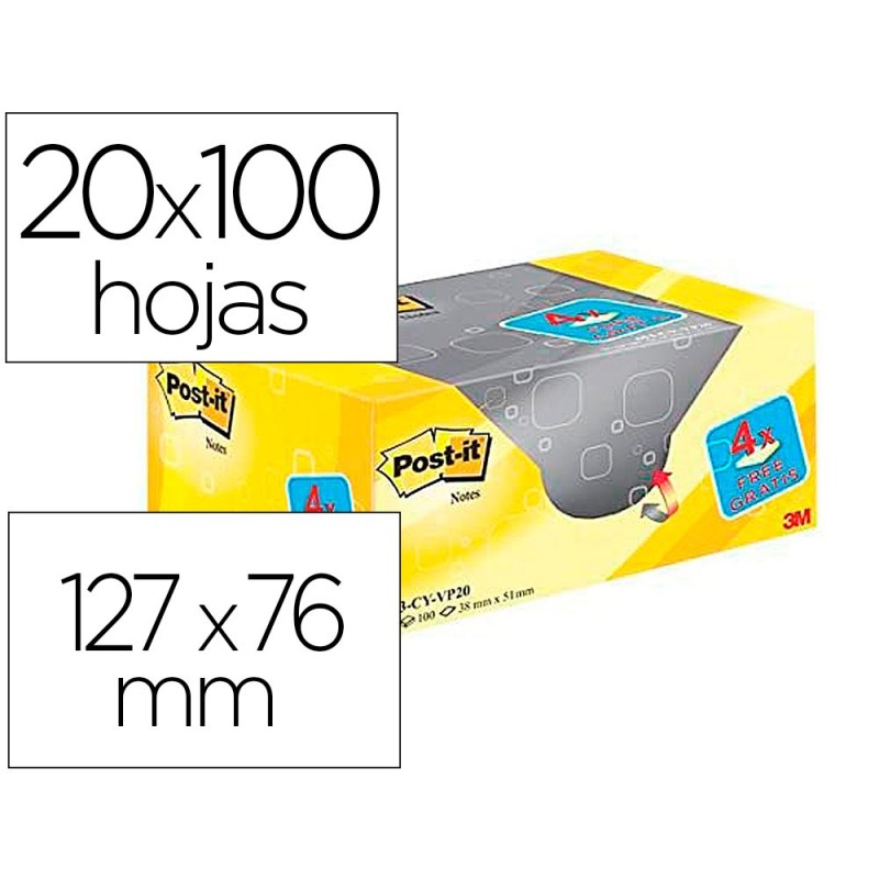 BLOC DE NOTAS ADHESIVAS QUITA Y PON POST-IT STICKY AMARILLO CANARIO 76X127 MM PACK PROMOCIONAL 16+4 GRATIS