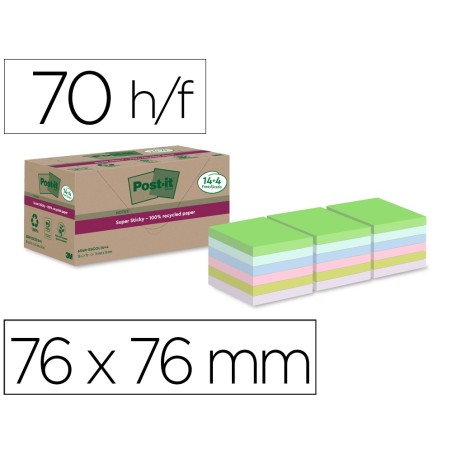 BLOC DE NOTAS ADHESIVAS QUITA Y PON POST-IT SUPER STICKY 76X76 MM 70 HOJAS RECICLADAS PAQUETE DE 14 UNIDADES