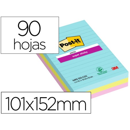 BLOC DE NOTAS ADHESIVAS QUITA Y PON POST-IT SUPER STICKY COSMIC RAYADO 90 HOJAS 101X152 MM PAQUETE DE 3