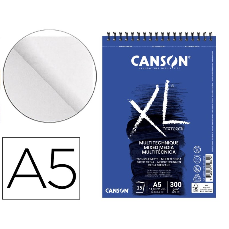 BLOC DIBUJO ACUARELA CANSON XL MIX MEDIA GRANO MEDIO DIN A5 15 HOJAS 300 GR