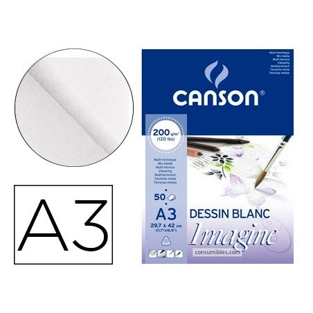 BLOC DIBUJO MULTITECNICAS CANSON IMAGINE DIN A3 ENCOLADO LISO 29,7X42 CM 50 HOJAS 200 GR