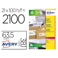 ETIQUETA ADHESIVA AVERY BLANCA PERMANENTE RECICLADA 100% PARA IMPRESORA LASER 63,5X38,1 MM CAJA DE 315