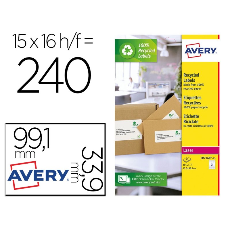 ETIQUETA ADHESIVA AVERY BLANCA PERMANENTE RECICLADA 100% PARA IMPRESORA LASER 99,1X33,9 MM CAJA DE 240