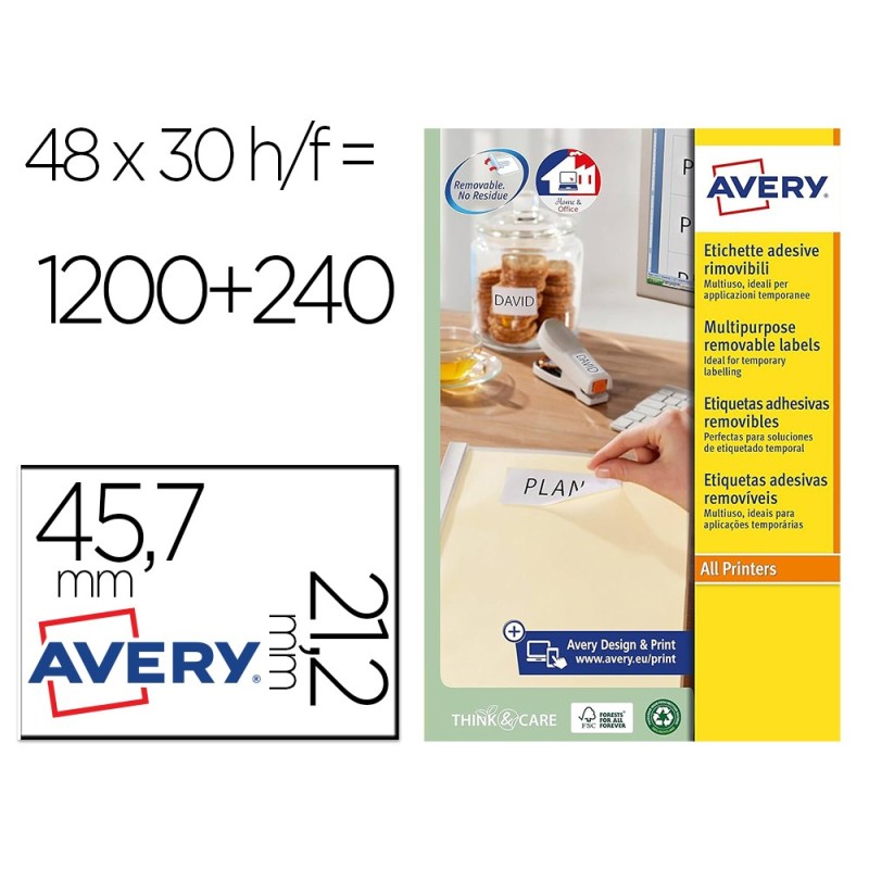 ETIQUETA ADHESIVA AVERY BLANCA REMOVIBLE PARA IMPRESORA LASER INKJET Y FOTOCOPIADORA 45,7X21,2 MM
