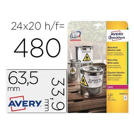 ETIQUETA ADHESIVA AVERY POLIESTER BLANCO 63,5X33,9 MM PARA IMPRESORA LASER PACK DE 480 UNIDADES