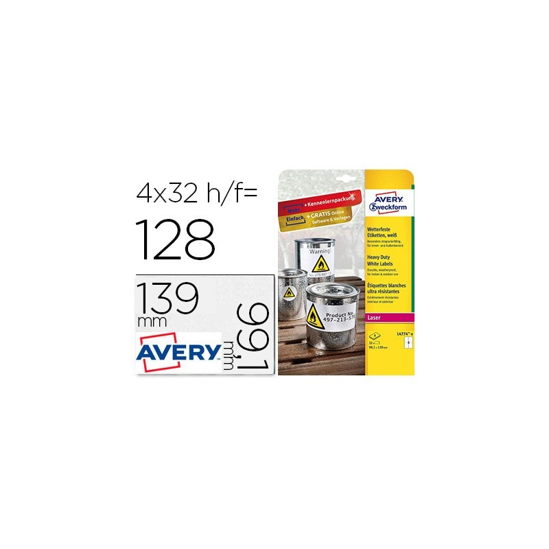 ETIQUETA ADHESIVA AVERY POLIESTER BLANCO 99,1X139 MM PARA IMPRESORA LASER PACK DE 32 UNIDADES