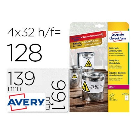 ETIQUETA ADHESIVA AVERY POLIESTER BLANCO 99,1X139 MM PARA IMPRESORA LASER PACK DE 32 UNIDADES