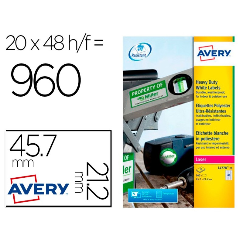 ETIQUETA ADHESIVA AVERY POLIESTER BLANCO PARA IMPRESORA LASER 45,7X21,2 MM CAJA DE 960 UNIDADES