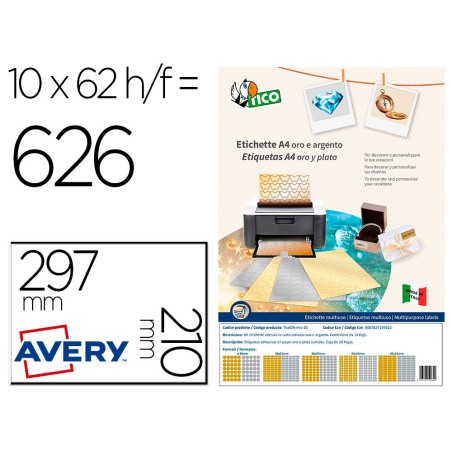 ETIQUETA ADHESIVA AVERY TICO PAPEL SATINADO ORO / PLATA LASER MEDIDAS SURTIDAS PACK DE 626 ETIQUETAS