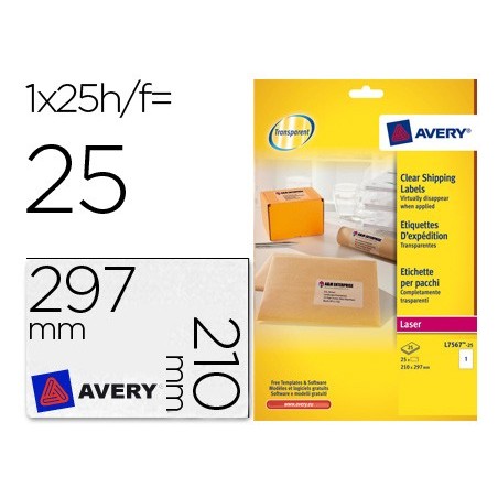 ETIQUETA ADHESIVAS AVERY DIN A4 IMPRIMIBLES TRANSPARENTE 210X297 MM CAJA DE 25 HOJAS CON 25 ETIQUETAS
