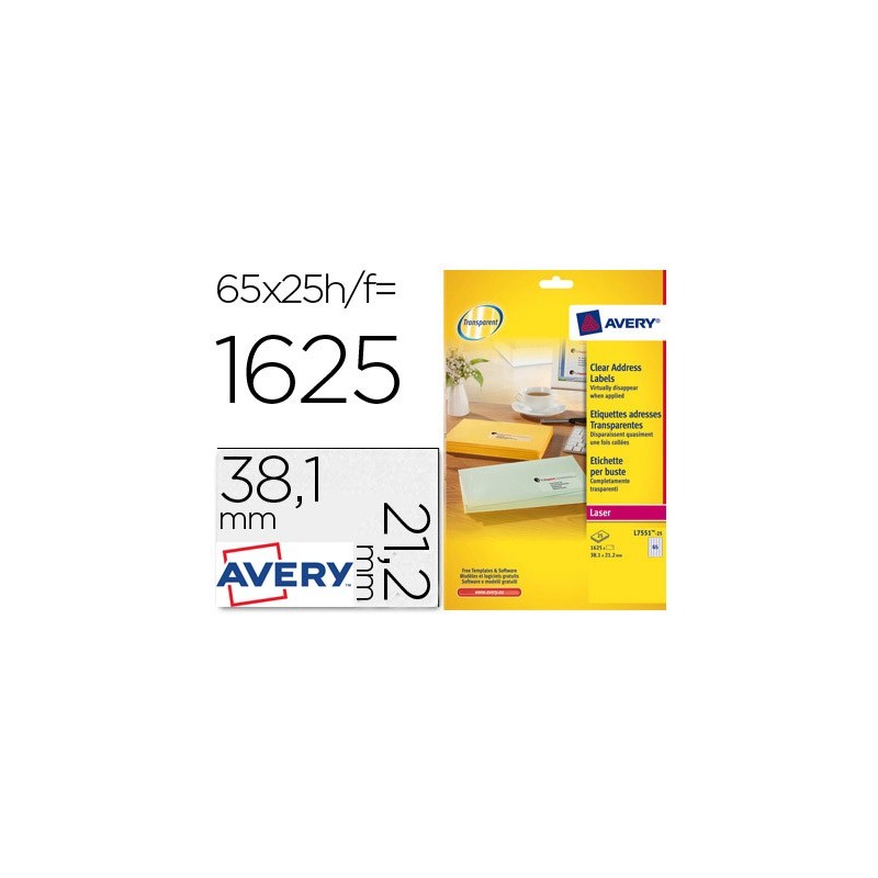 ETIQUETA ADHESIVAS AVERY DIN A4 IMPRIMIBLES TRANSPARENTE 38,1X21,2 MM CAJA DE 25 HOJAS CON 1625 ETIQUETAS