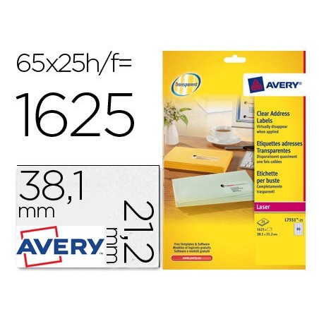 ETIQUETA ADHESIVAS AVERY DIN A4 IMPRIMIBLES TRANSPARENTE 38,1X21,2 MM CAJA DE 25 HOJAS CON 1625 ETIQUETAS
