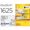 ETIQUETA ADHESIVAS AVERY DIN A4 IMPRIMIBLES TRANSPARENTE 38,1X21,2 MM CAJA DE 25 HOJAS CON 1625 ETIQUETAS