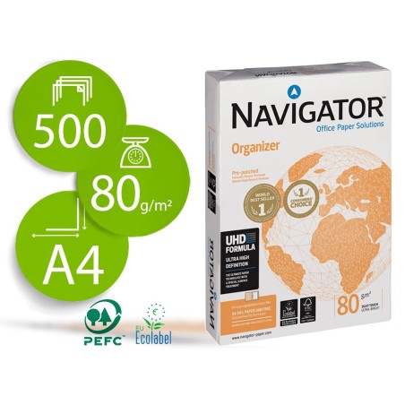 PAPEL FOTOCOPIADORA NAVIGATOR DIN A4 80 GRAMOS -4 TALADROS PAPEL MULTIUSO INK-JET Y LASERPAQUETE DE 500 HOJAS