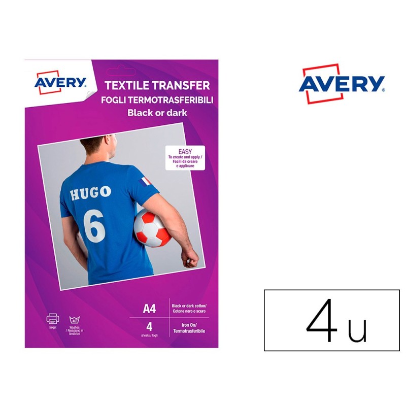 PAPEL TRANSFER AVERY PARA CAMISETAS ALGODON COLORES OSCUROS INK-JET DIN A4 PACK DE 4 HOJAS